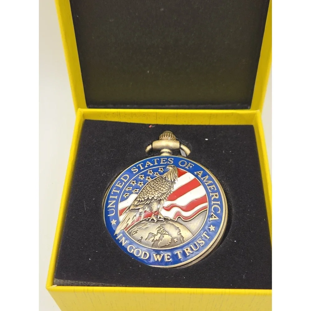 NIB Invicta 49008 Goldtone Pocket Watch  W/ USA, American Eagle,Flag Stars,Chain